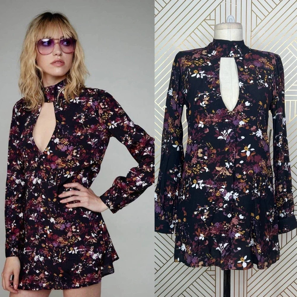 Flynn Skye Leah Mini Dress Black Purple Floral Print Size XS